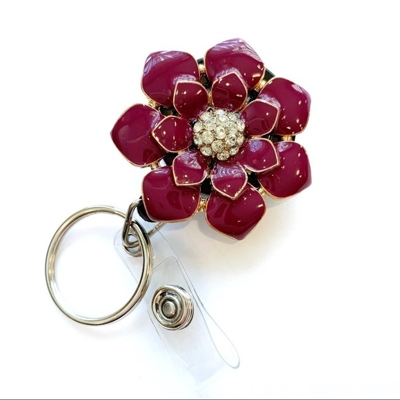 FLORAL Magenta Purple ID Badge Reel with Key Ring - Picture 3 of 4